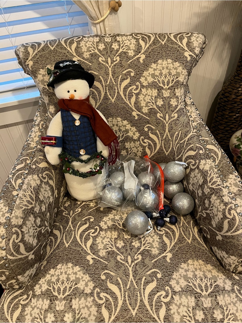 Holiday Snowman Decoration with Silver Ornaments - White Snowman Figurine